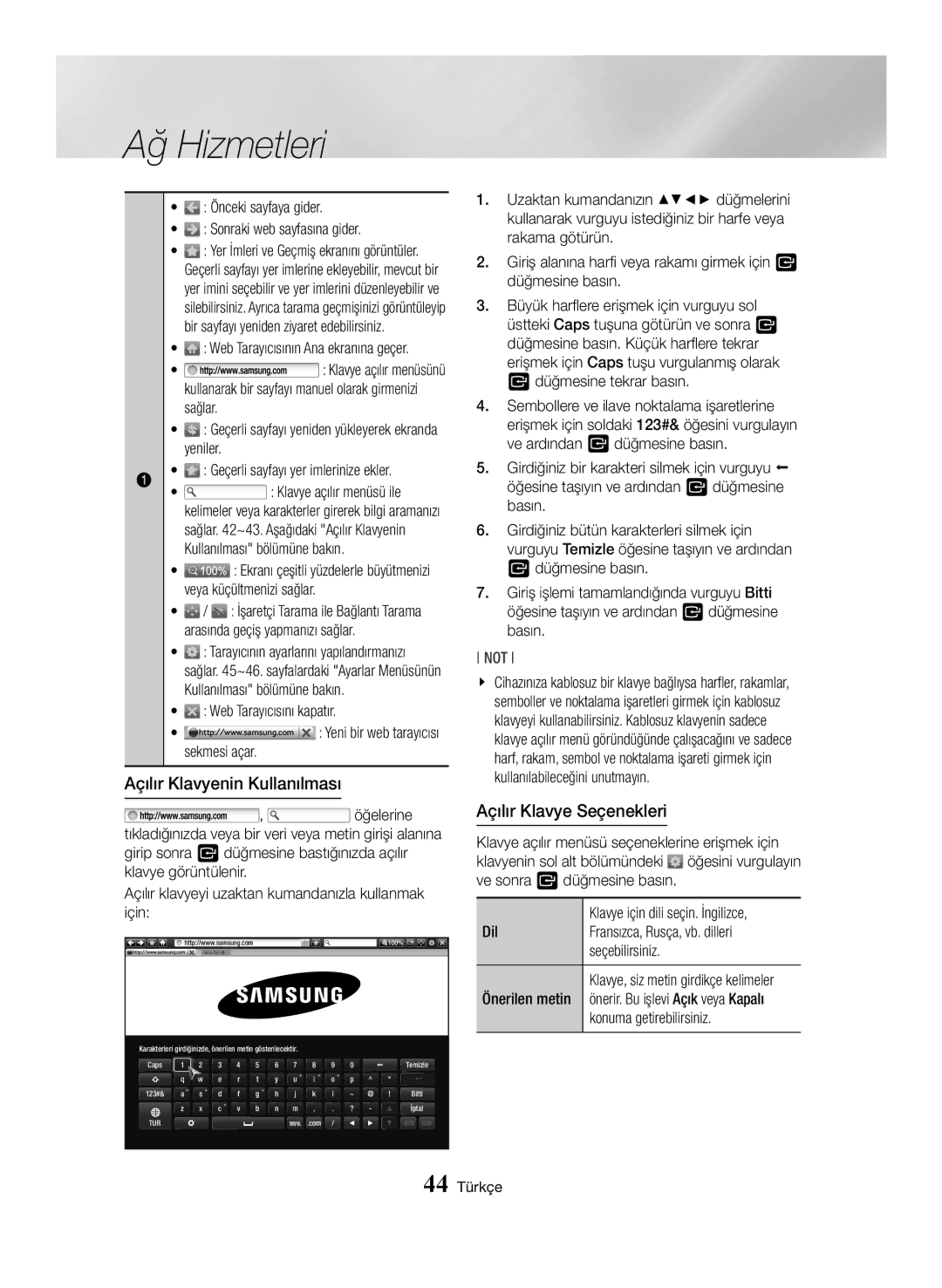 Samsung BD-J7500/EN manual Açılır Klavyenin Kullanılması, Açılır Klavye Seçenekleri 