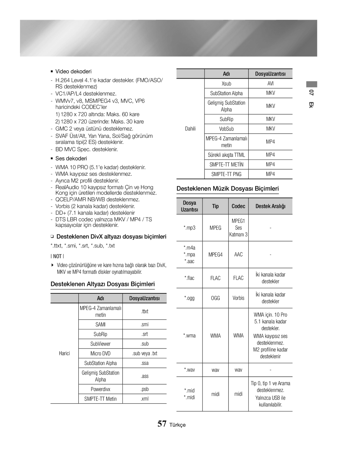 Samsung BD-J7500/EN manual Desteklenen Altyazı Dosyası Biçimleri, Desteklenen Müzik Dosyası Biçimleri 