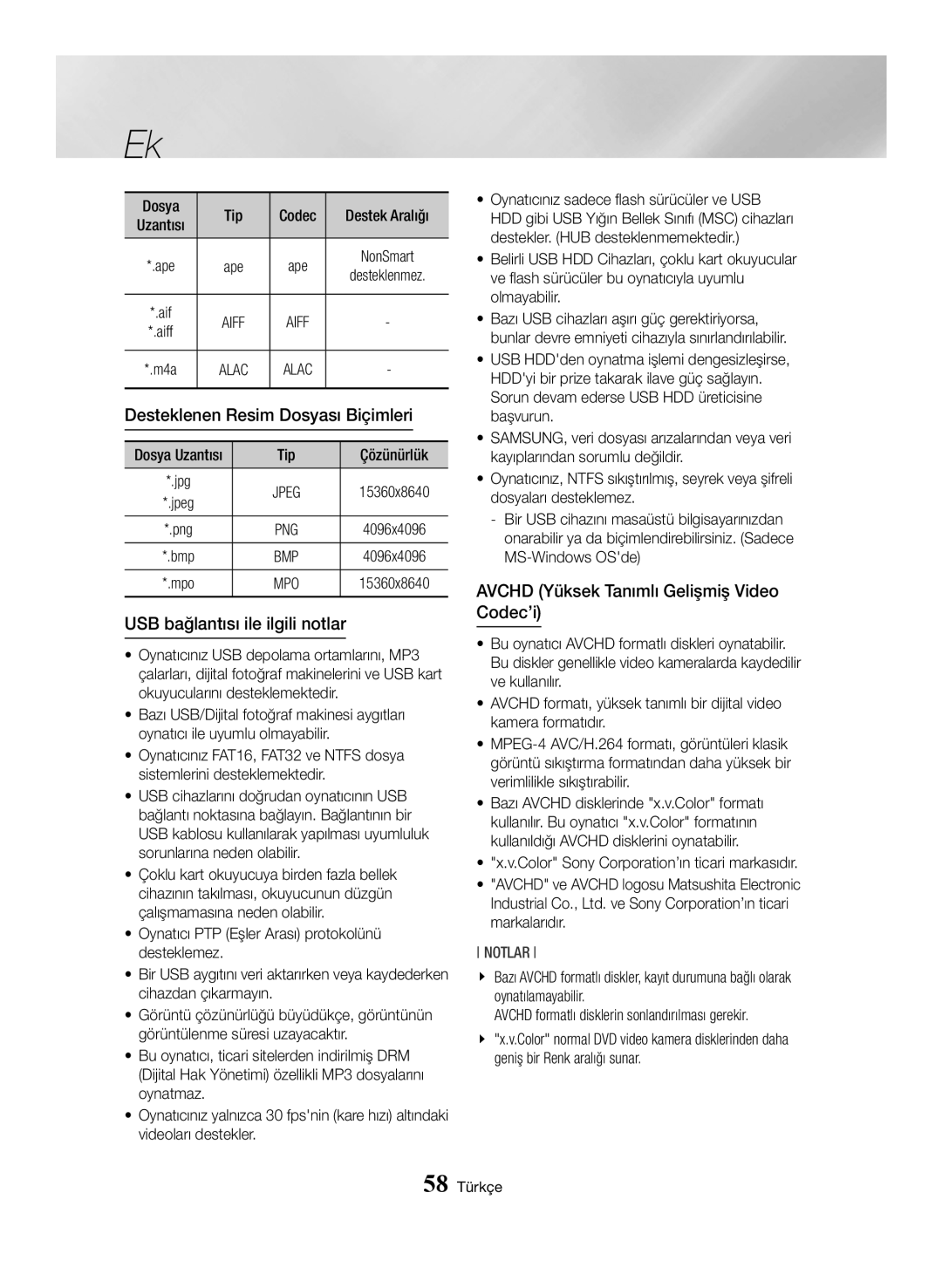 Samsung BD-J7500/EN manual Desteklenen Resim Dosyası Biçimleri, USB bağlantısı ile ilgili notlar 