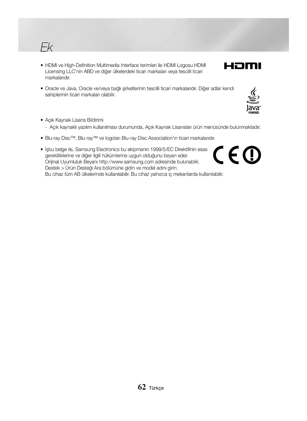 Samsung BD-J7500/EN manual 62 Türkçe 