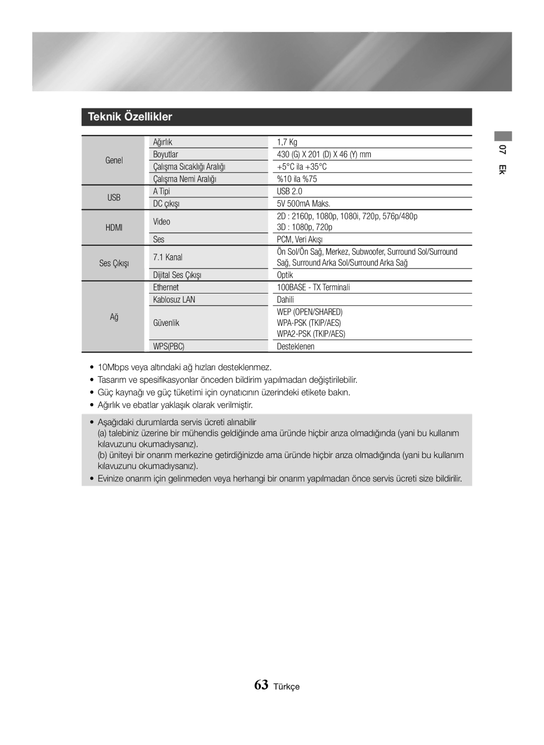 Samsung BD-J7500/EN manual Teknik Özellikler 