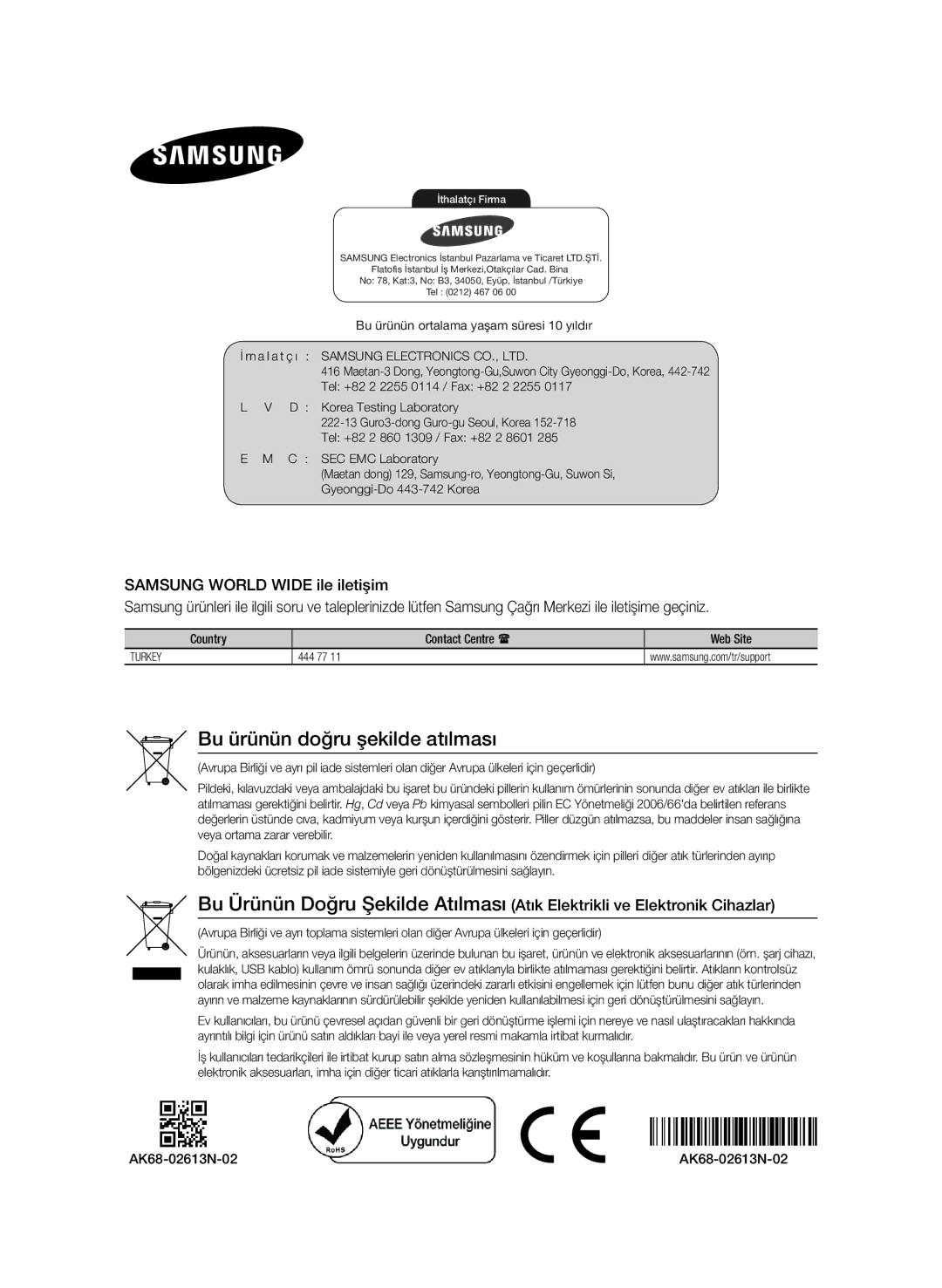 Samsung BD-J7500/EN manual Bu ürünün doğru şekilde atılması 