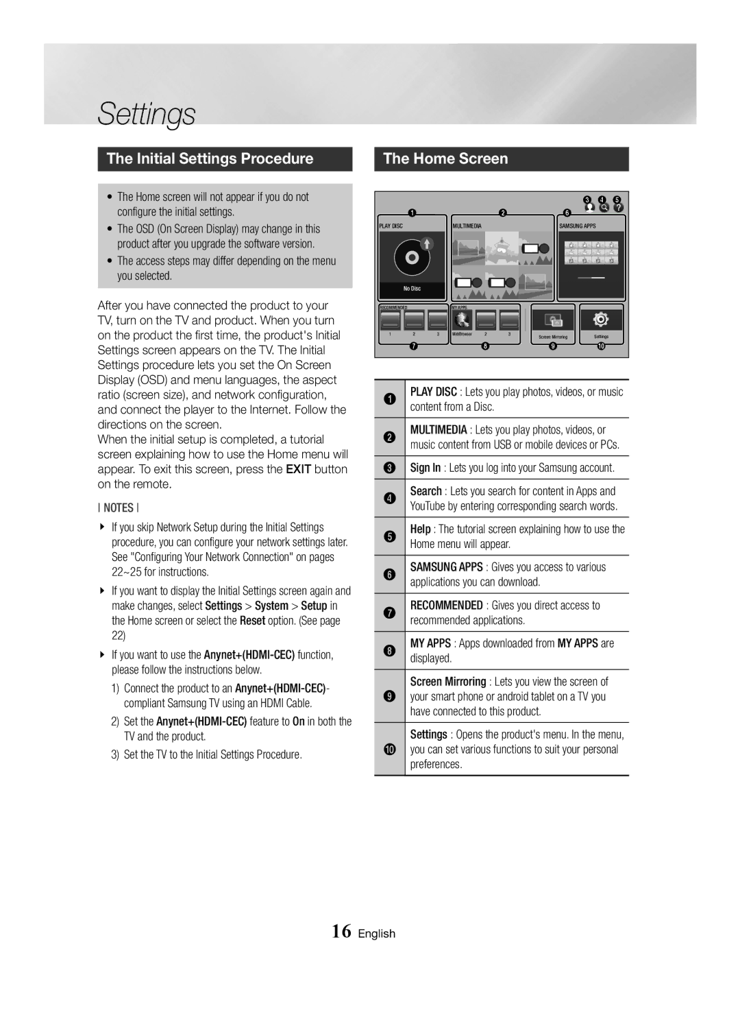 Samsung BD-J7500/EN manual Initial Settings Procedure, Home Screen 