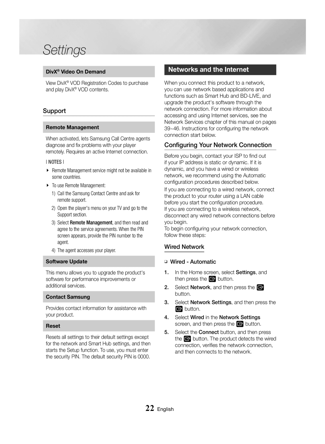 Samsung BD-J7500/EN manual Support, Networks and the Internet, Configuring Your Network Connection, Wired Network 