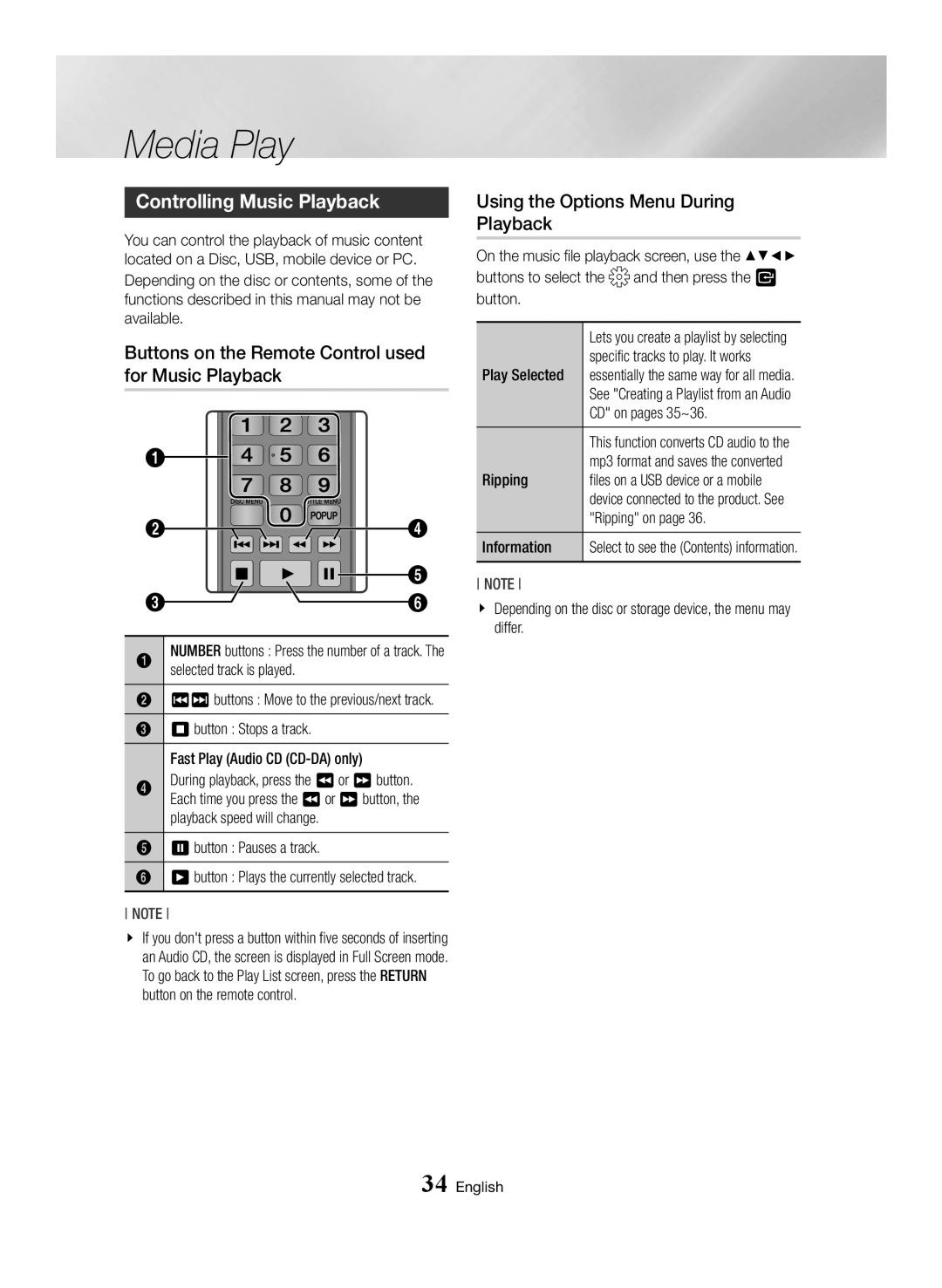 Samsung BD-J7500/EN manual Controlling Music Playback, Buttons on the Remote Control used for Music Playback 