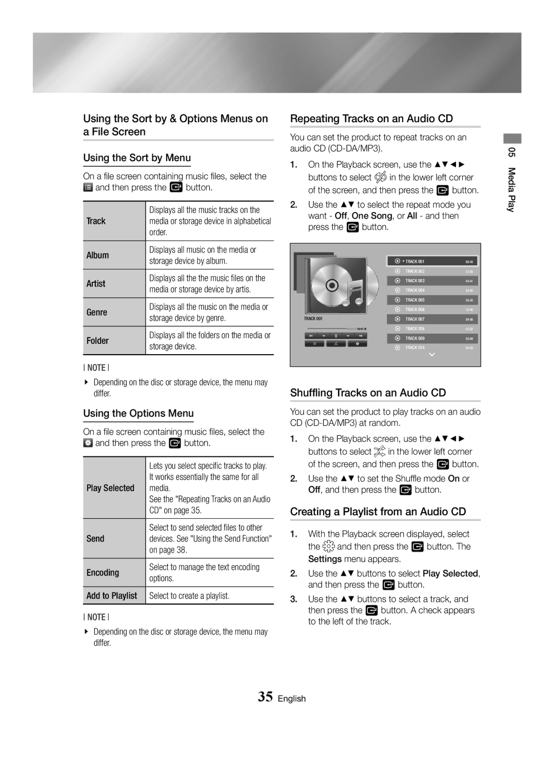 Samsung BD-J7500/EN manual Using the Sort by & Options Menus on a File Screen, Repeating Tracks on an Audio CD 