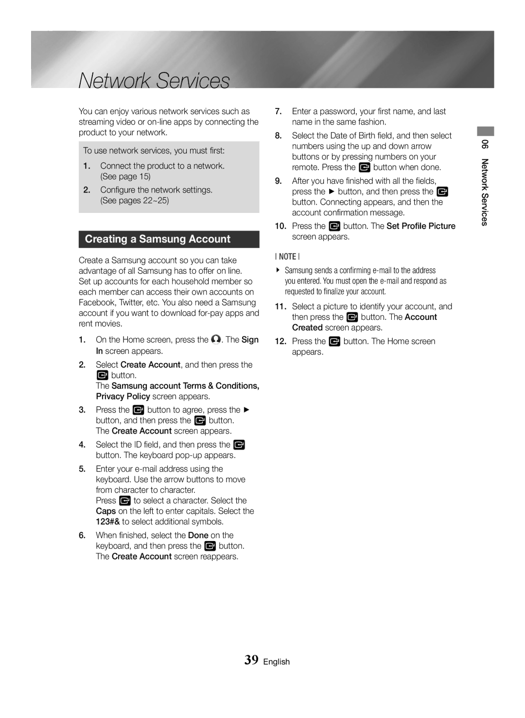 Samsung BD-J7500/EN manual Network Services, Creating a Samsung Account, Screen appears, Privacy Policy screen appears 