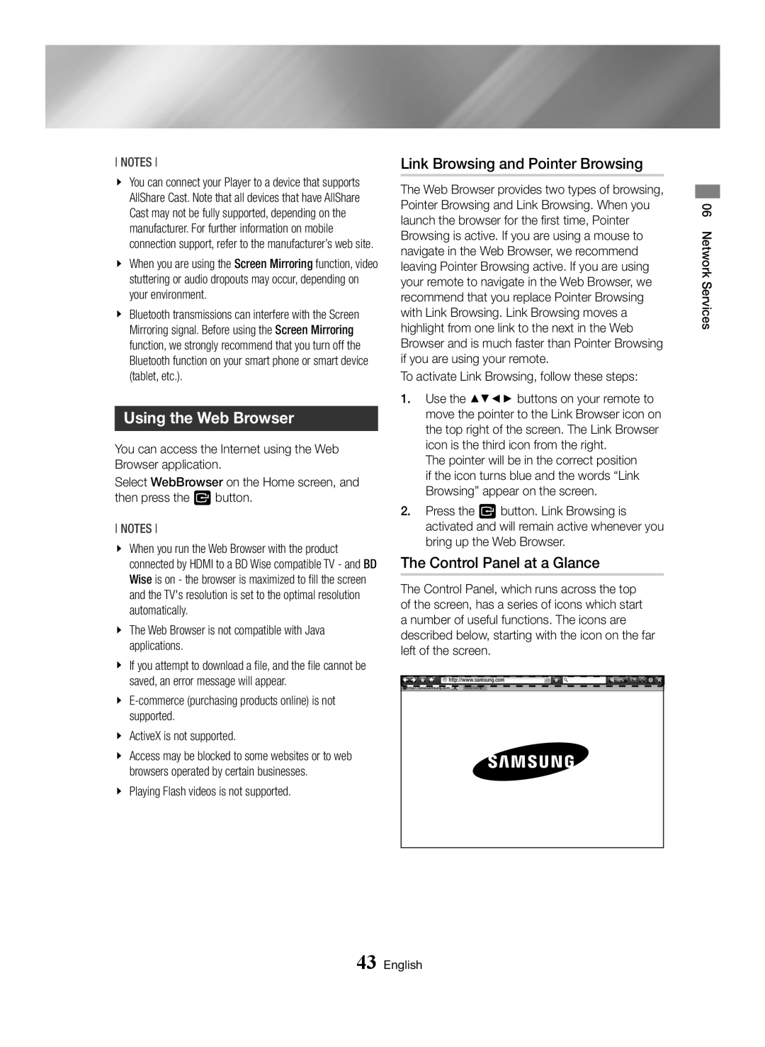 Samsung BD-J7500/EN manual Using the Web Browser, Link Browsing and Pointer Browsing, Control Panel at a Glance 