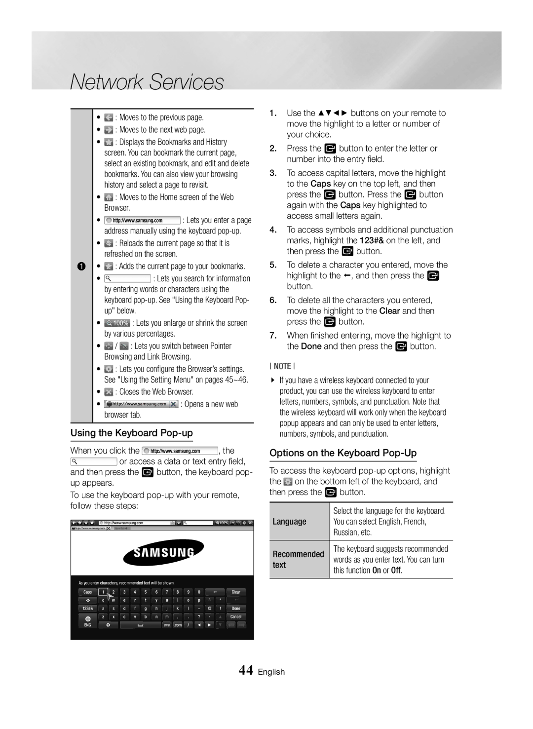 Samsung BD-J7500/EN manual Using the Keyboard Pop-up, Options on the Keyboard Pop-Up 