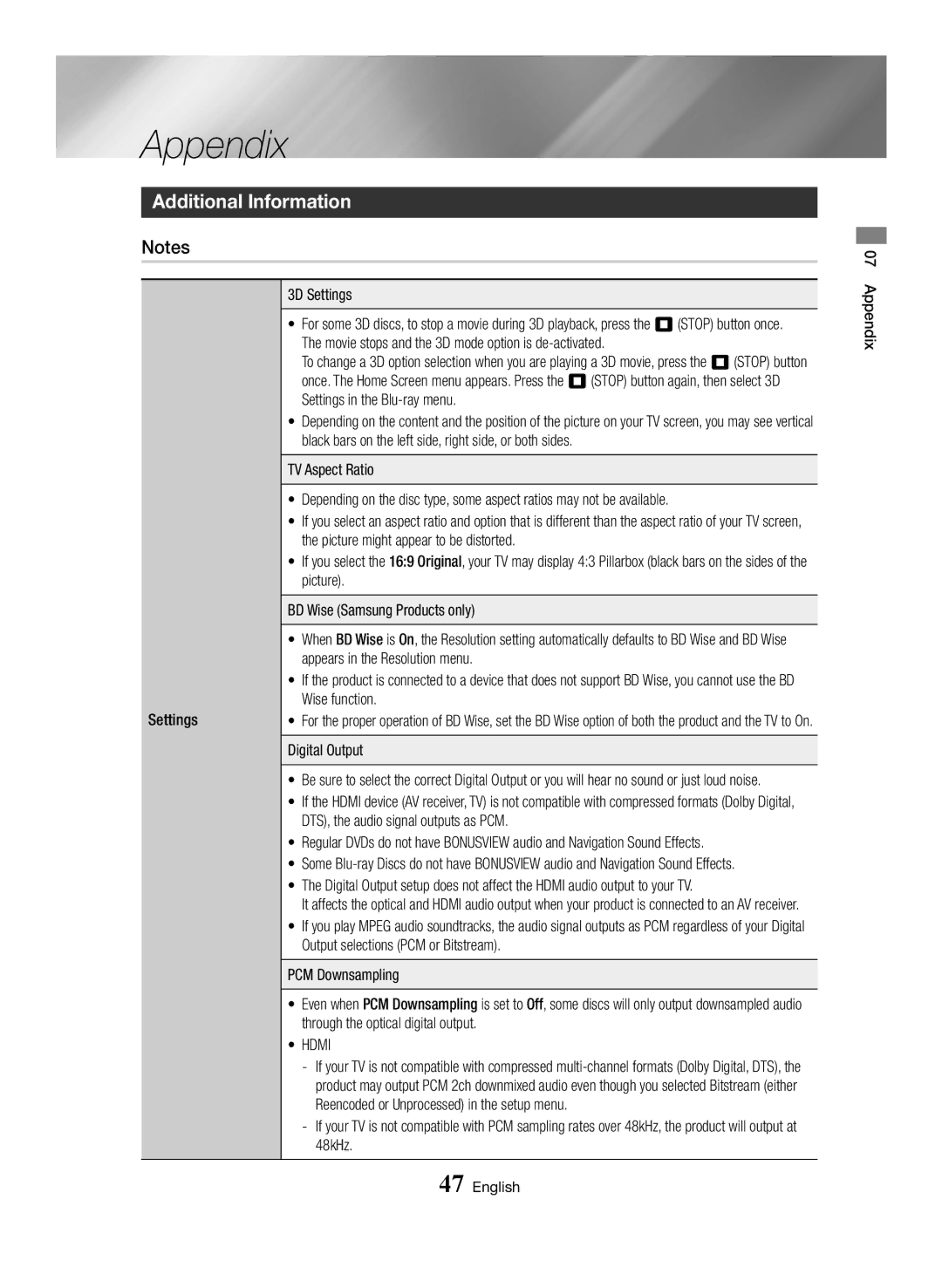 Samsung BD-J7500/EN manual Appendix, Additional Information 