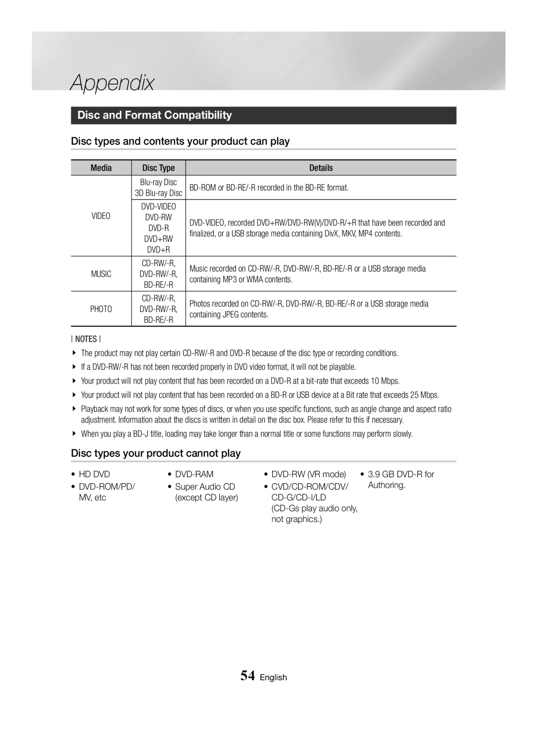 Samsung BD-J7500/EN manual Disc and Format Compatibility, Disc types and contents your product can play 