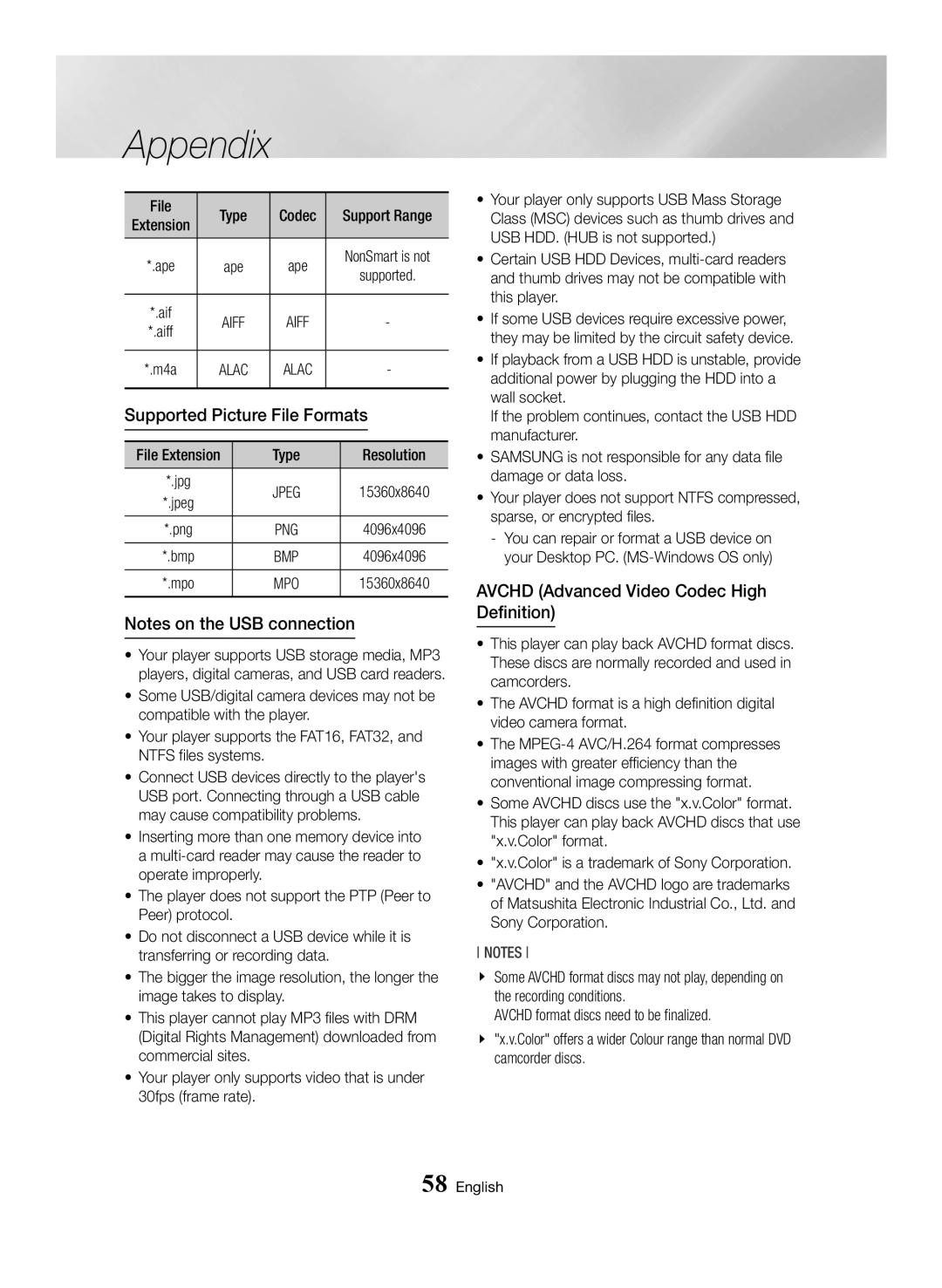 Samsung BD-J7500/EN manual Supported Picture File Formats, Avchd Advanced Video Codec High Definition 