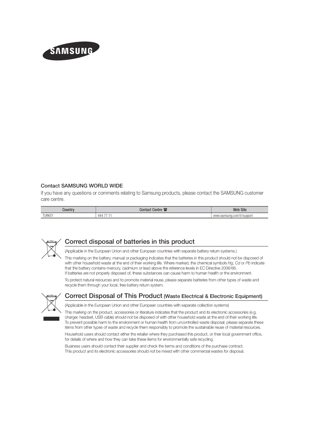 Samsung BD-J7500/EN manual Correct disposal of batteries in this product, Country, Contact Centre , Web Site 