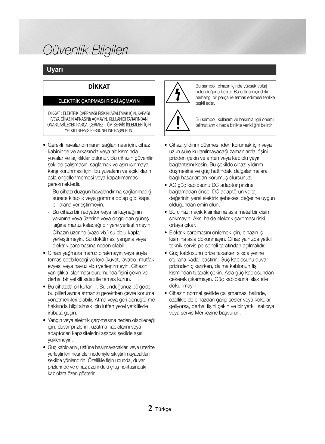 Samsung BD-J7500/EN manual Güvenlik Bilgileri, Uyarı 