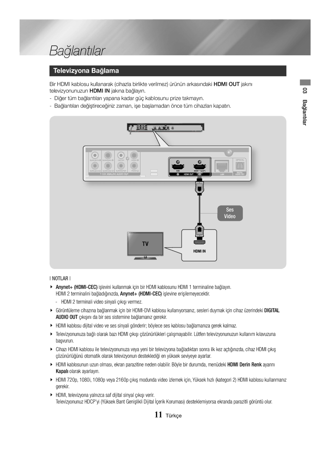 Samsung BD-J7500/EN manual Bağlantılar, Televizyona Bağlama 