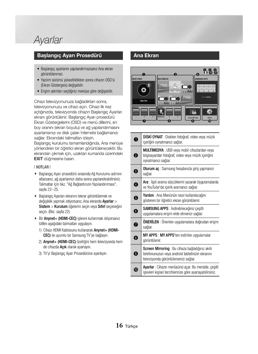 Samsung BD-J7500/EN manual Ayarlar, Başlangıç Ayarı Prosedürü, Ana Ekran 