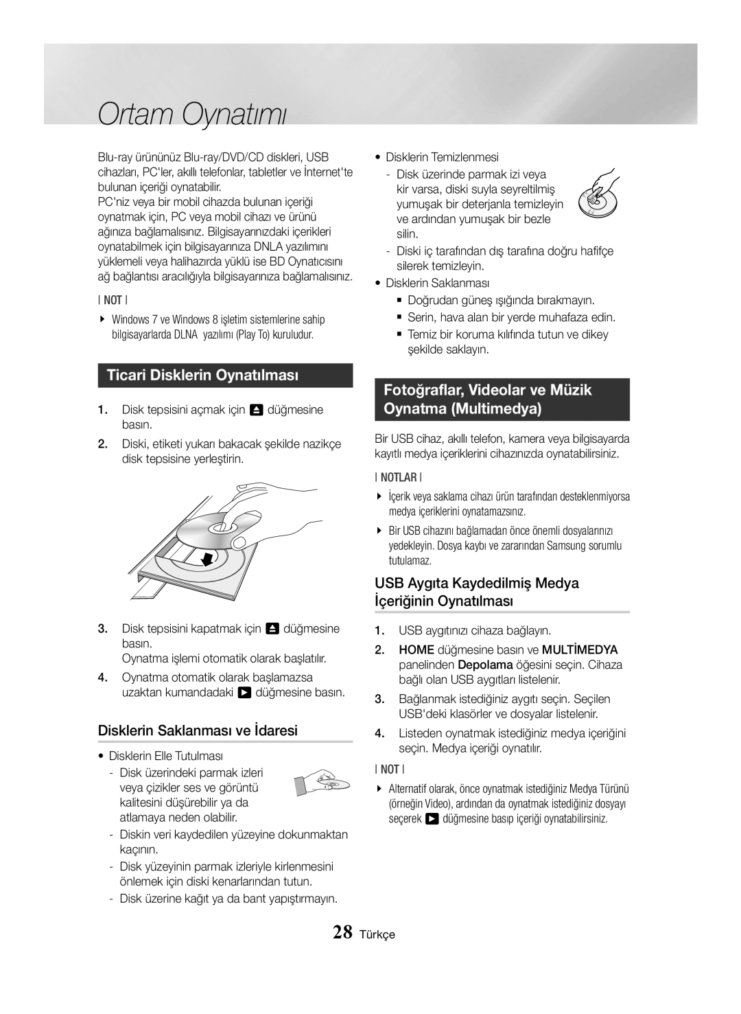 Samsung BD-J7500/EN manual Ortam Oynatımı, Ticari Disklerin Oynatılması, Disklerin Saklanması ve İdaresi 