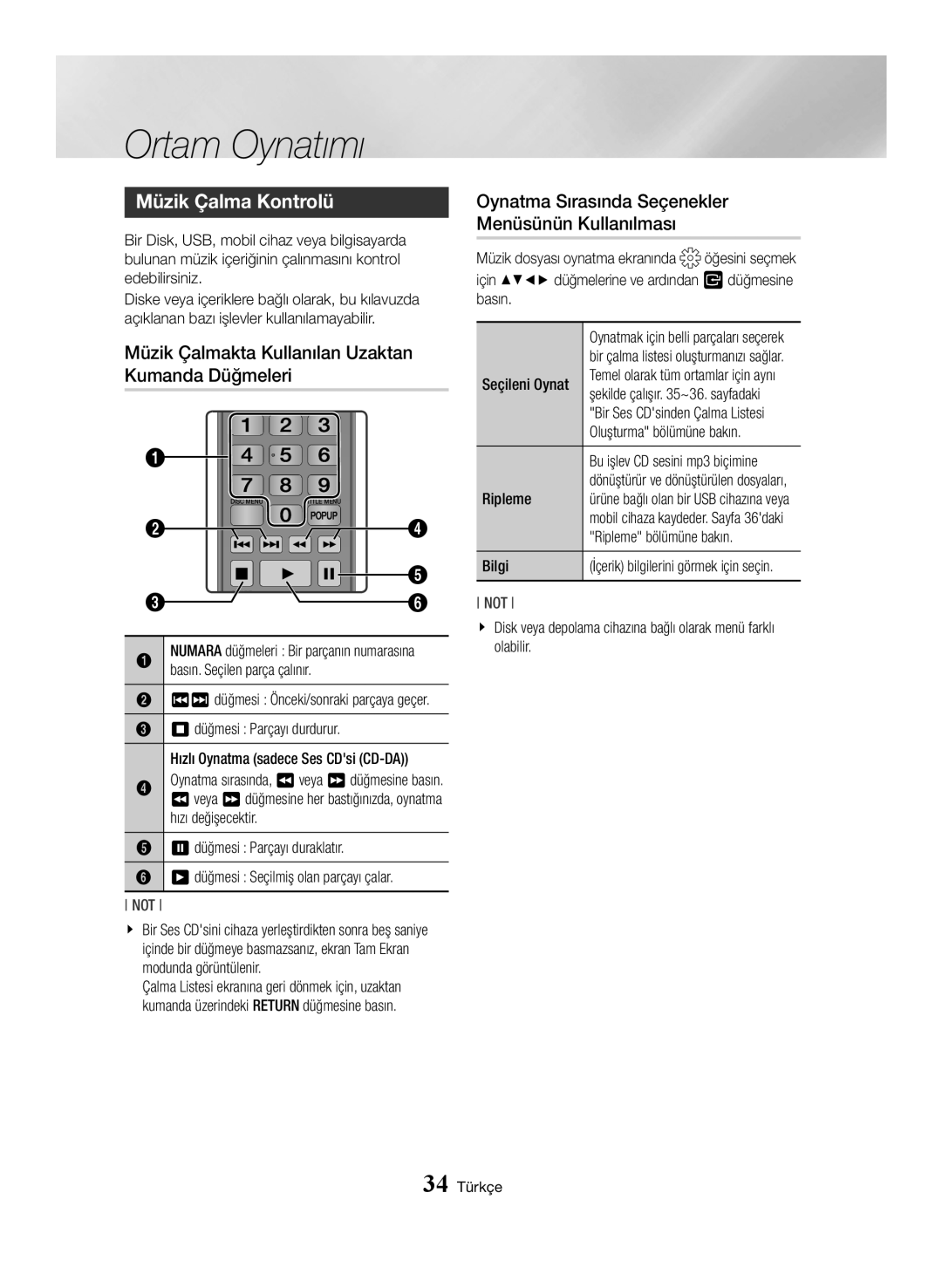 Samsung BD-J7500/EN manual Müzik Çalma Kontrolü, Müzik Çalmakta Kullanılan Uzaktan Kumanda Düğmeleri 