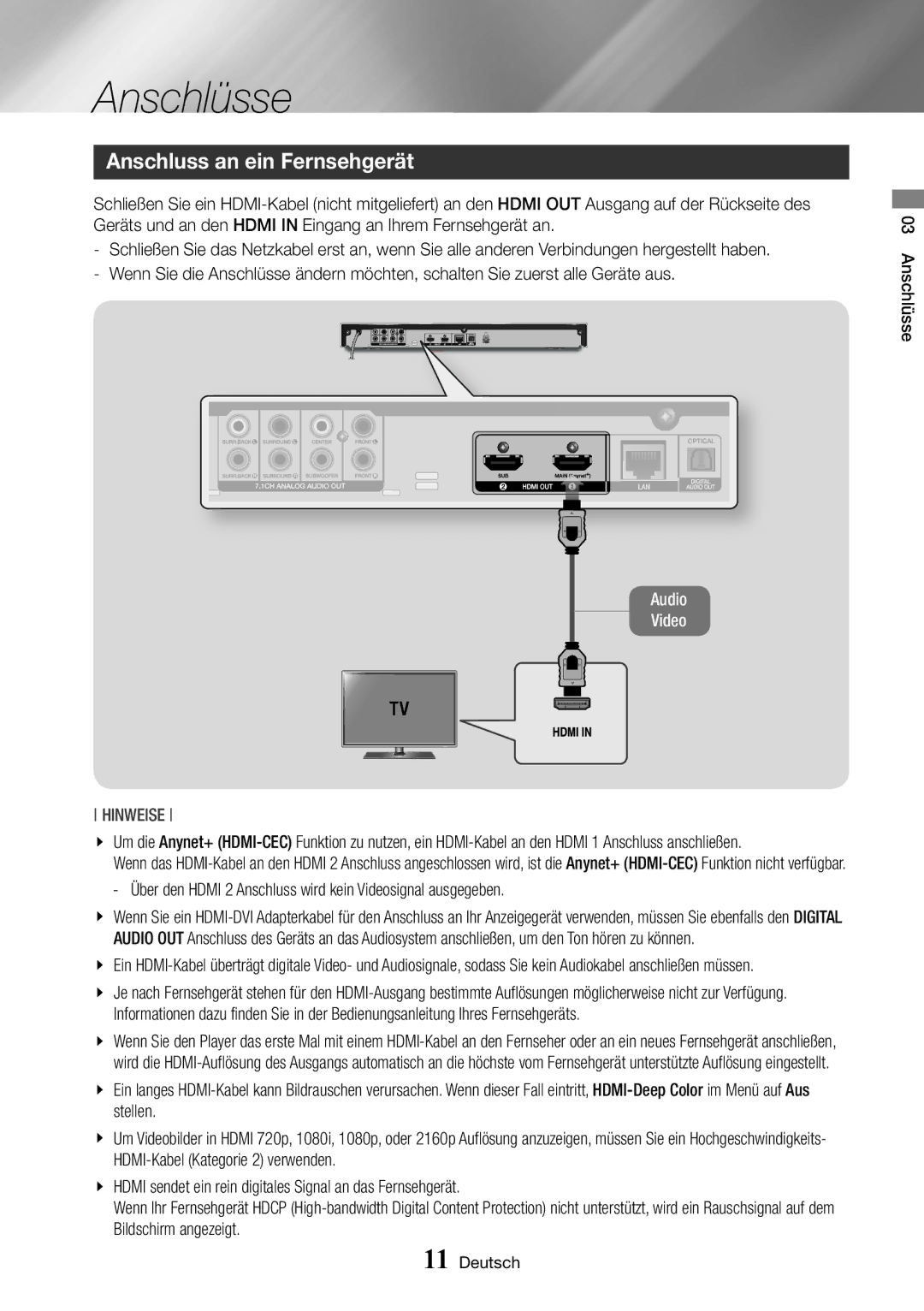 Samsung BD-J7500/EN manual Anschlüsse, Anschluss an ein Fernsehgerät 