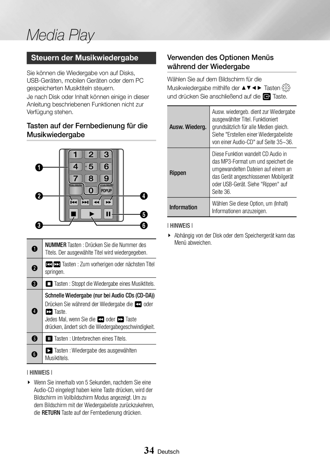 Samsung BD-J7500/EN manual Steuern der Musikwiedergabe, Tasten auf der Fernbedienung für die Musikwiedergabe 