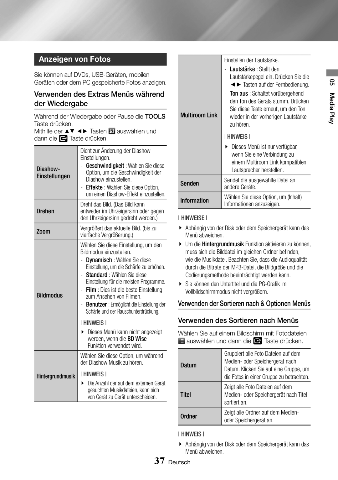 Samsung BD-J7500/EN manual Anzeigen von Fotos, Verwenden des Extras Menüs während der Wiedergabe 