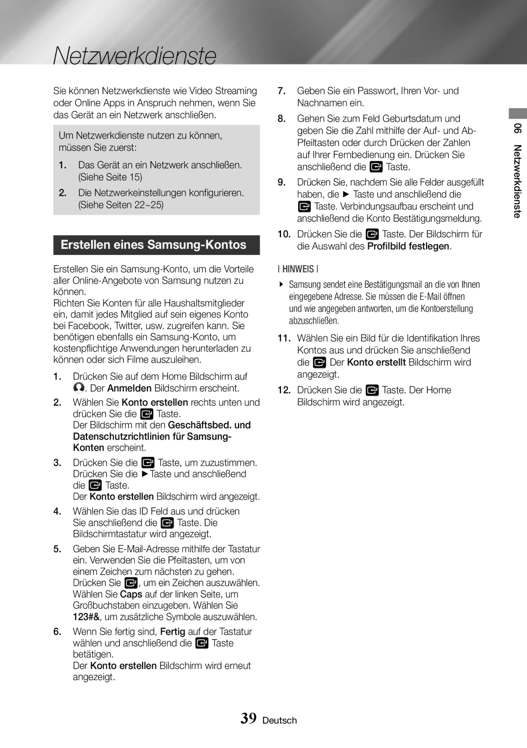 Samsung BD-J7500/EN manual Netzwerkdienste, Erstellen eines Samsung-Kontos 