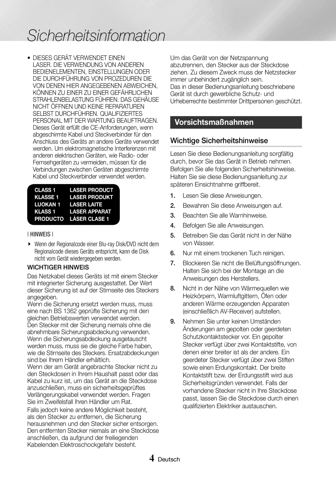 Samsung BD-J7500/EN manual Vorsichtsmaßnahmen, Wichtige Sicherheitshinweise, Wichtiger Hinweis 