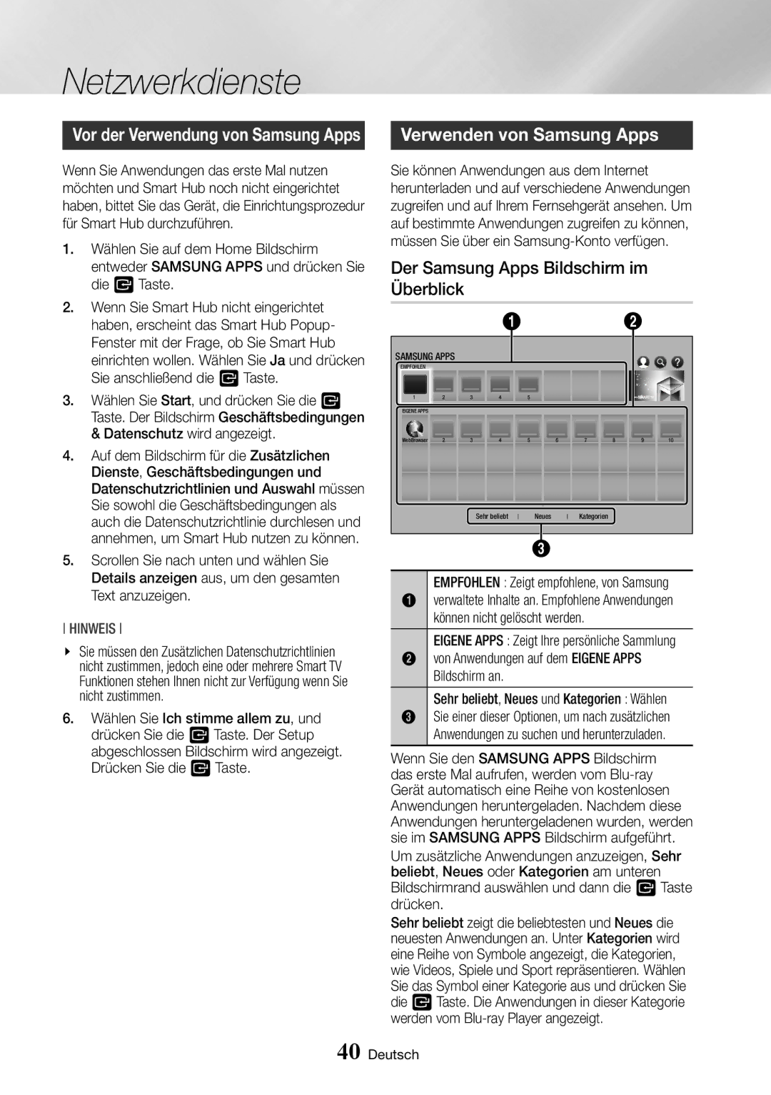 Samsung BD-J7500/EN manual Verwenden von Samsung Apps, Der Samsung Apps Bildschirm im Überblick 