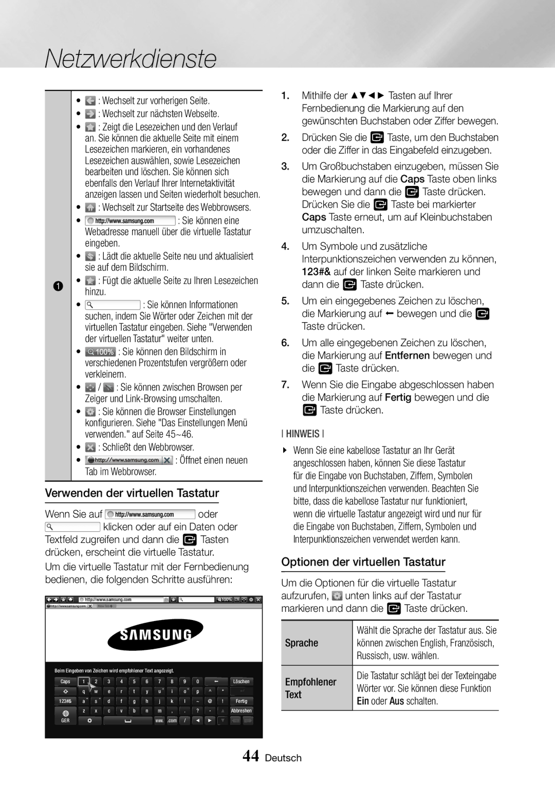 Samsung BD-J7500/EN manual Verwenden der virtuellen Tastatur, Optionen der virtuellen Tastatur 