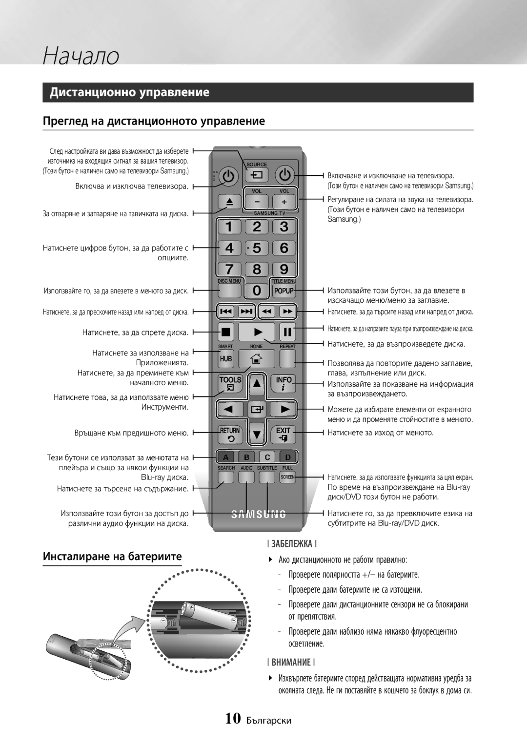 Samsung BD-J7500/EN Дистанционно управление, Преглед на дистанционното управление, Инсталиране на батериите, Осветление 