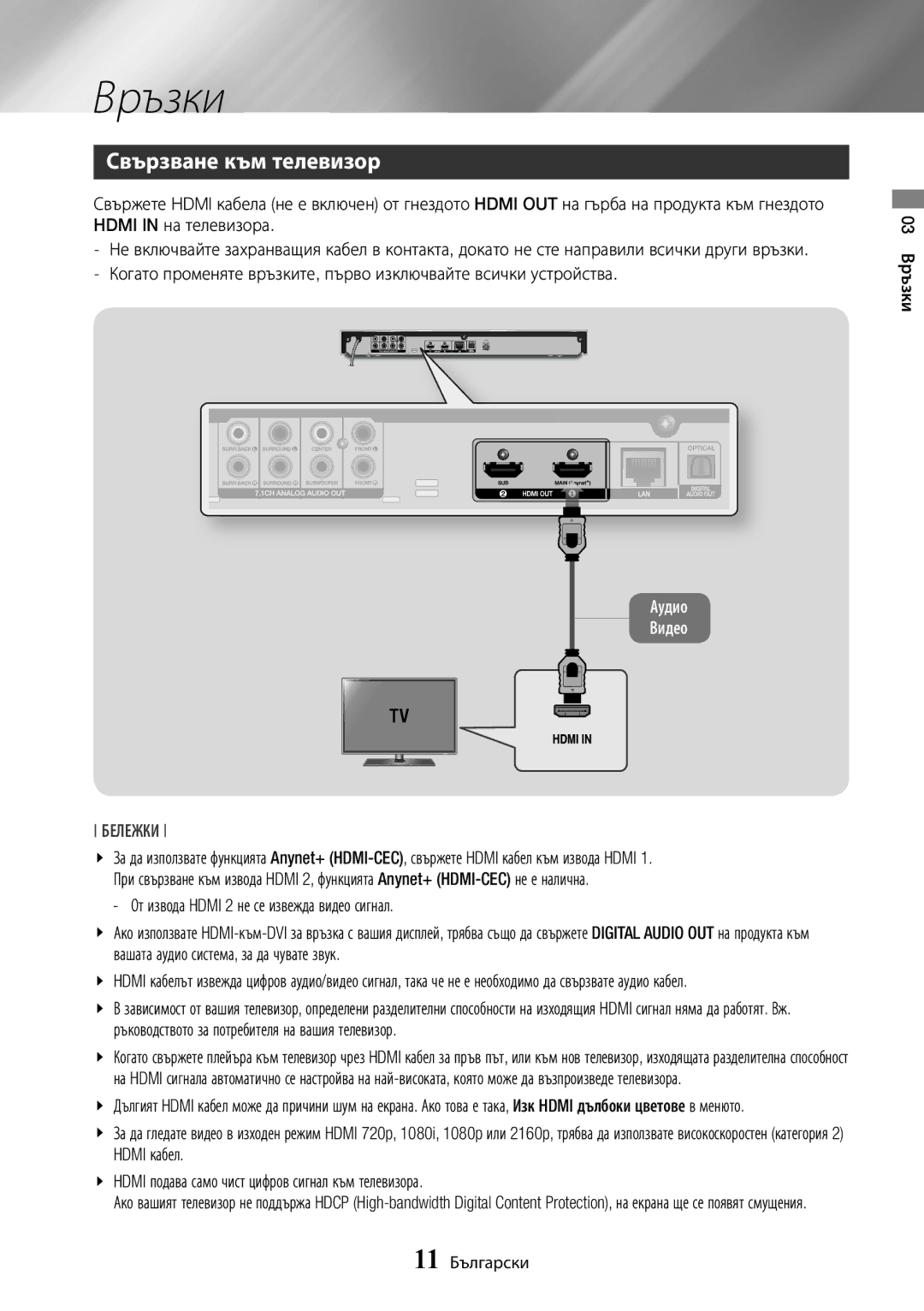 Samsung BD-J7500/EN manual Връзки, Свързване към телевизор, От извода Hdmi 2 не се извежда видео сигнал 