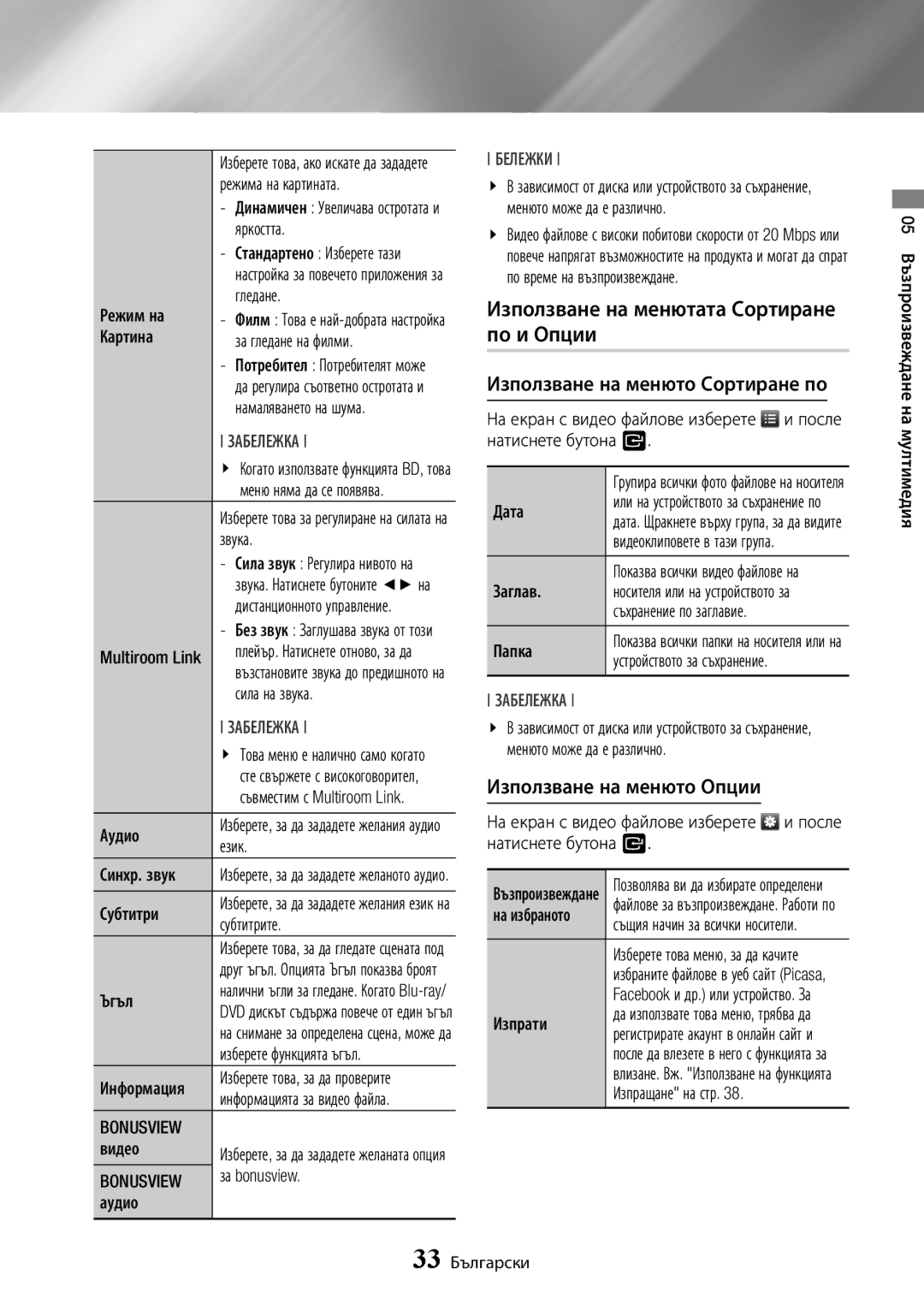 Samsung BD-J7500/EN manual Използване на менютата Сортиране по и Опции, Използване на менюто Сортиране по, Bonusview 