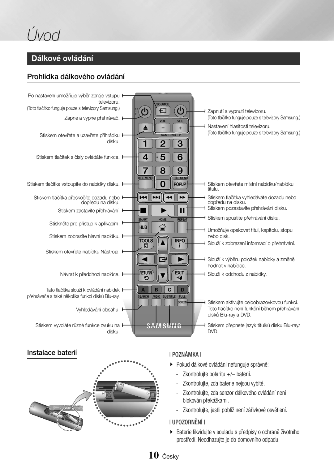 Samsung BD-J7500/EN manual Dálkové ovládání, Prohlídka dálkového ovládání, Instalace baterií 