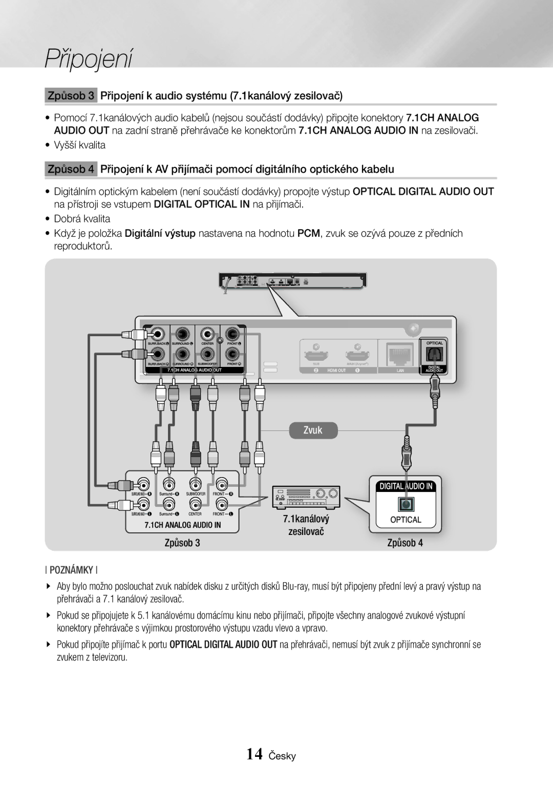 Samsung BD-J7500/EN manual Způsob 3 Připojení k audio systému 7.1kanálový zesilovač 