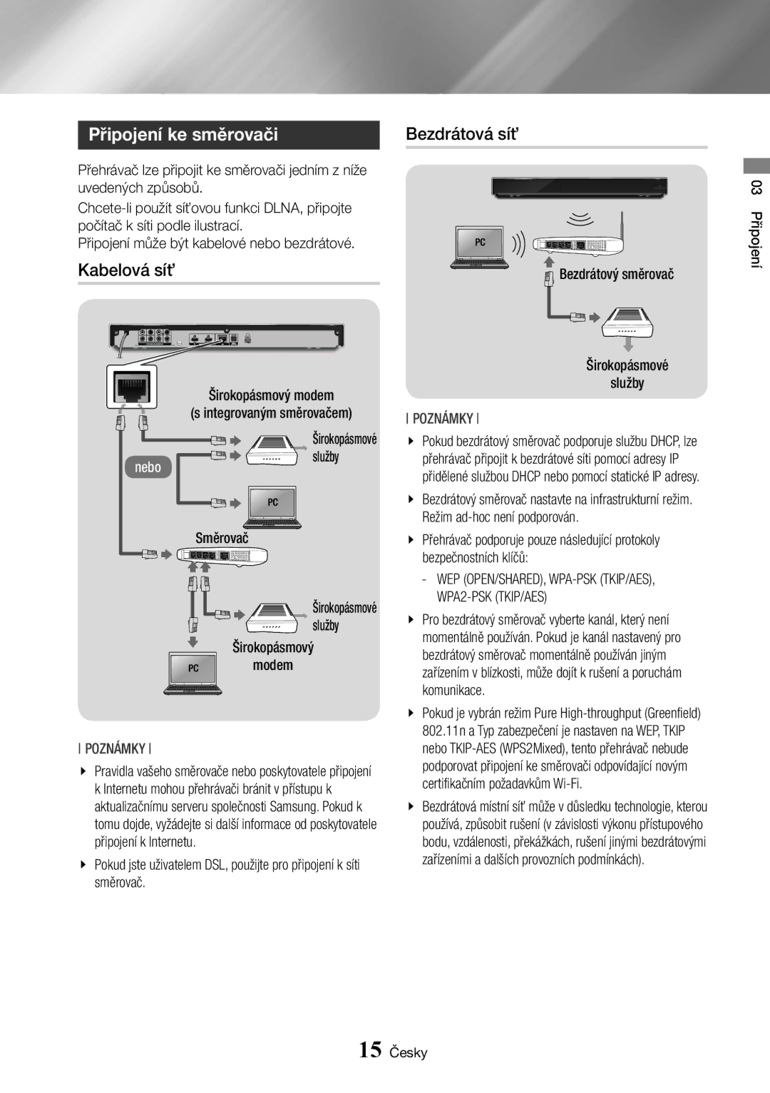 Samsung BD-J7500/EN manual Připojení ke směrovači, Kabelová síť, Bezdrátová síť 