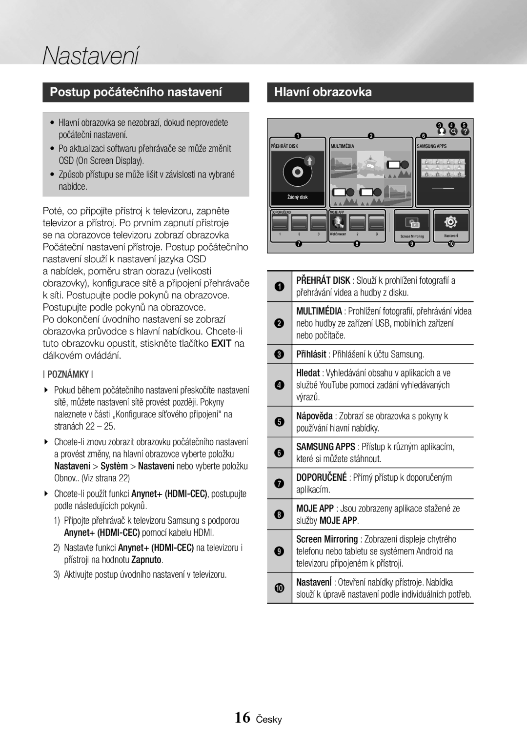 Samsung BD-J7500/EN manual Nastavení, Postup počátečního nastavení, Hlavní obrazovka 