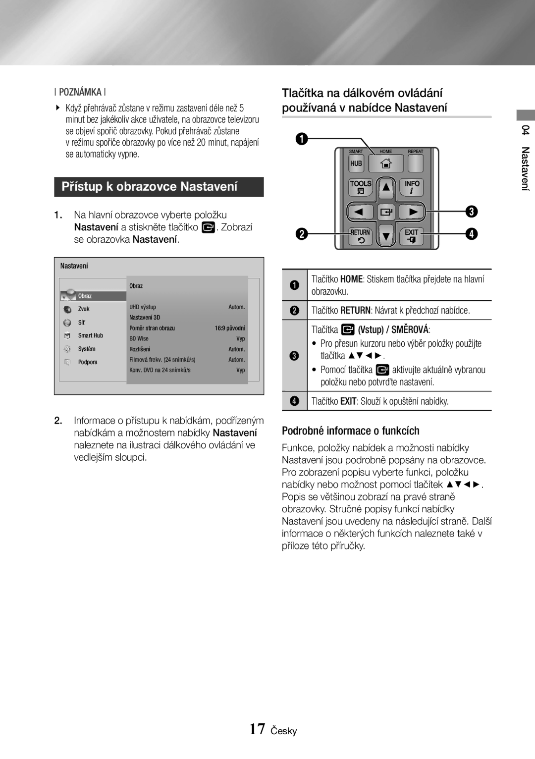 Samsung BD-J7500/EN manual Přístup k obrazovce Nastavení, Tlačítka na dálkovém ovládání používaná v nabídce Nastavení 