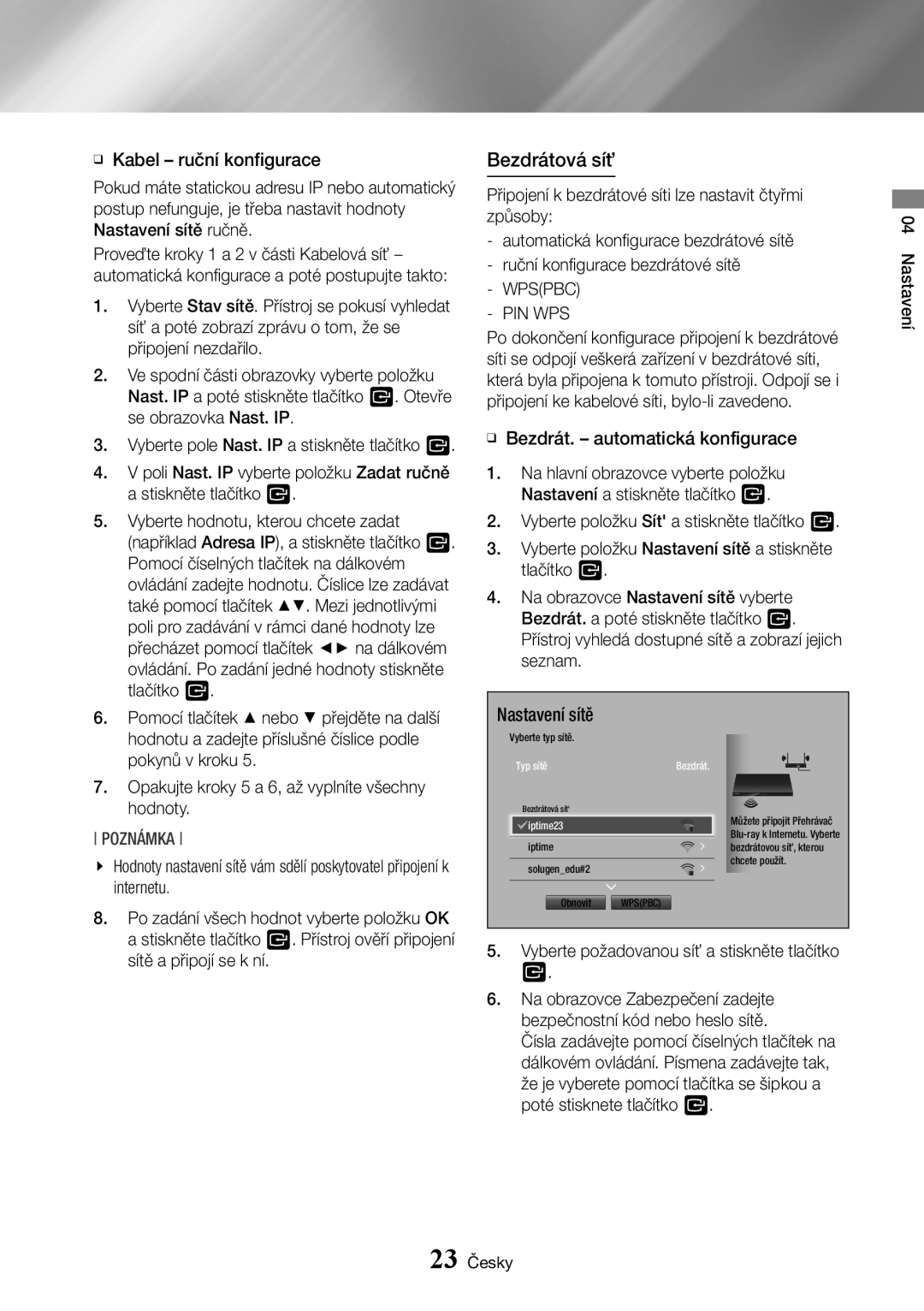 Samsung BD-J7500/EN manual Bezdrátová síť, Wpspbc PIN WPS 