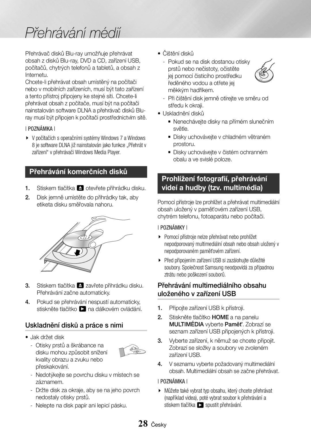 Samsung BD-J7500/EN manual Přehrávání médií, Přehrávání komerčních disků, Uskladnění disků a práce s nimi 