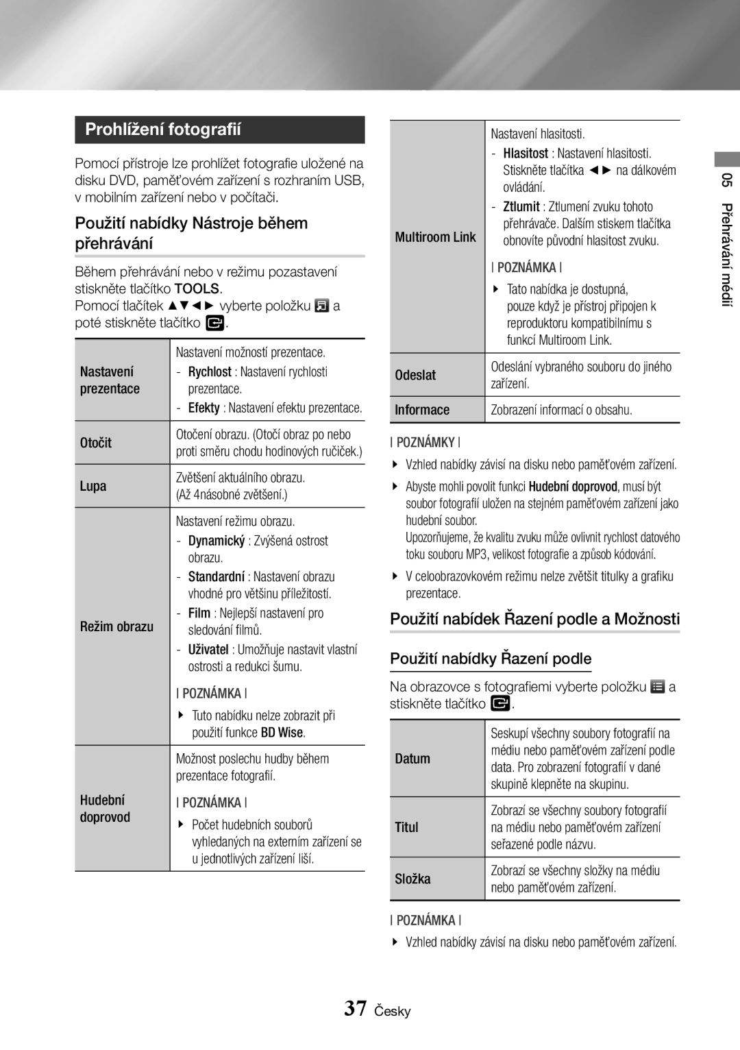 Samsung BD-J7500/EN manual Prohlížení fotografií, Použití nabídky Nástroje během přehrávání 