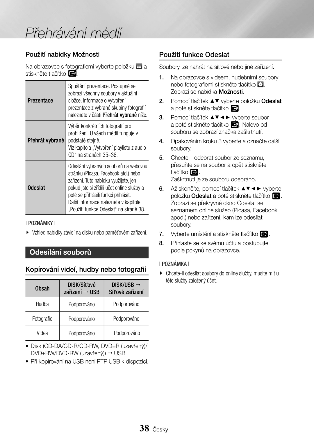 Samsung BD-J7500/EN manual Odesílání souborů, Kopírování videí, hudby nebo fotografií, Použití funkce Odeslat 