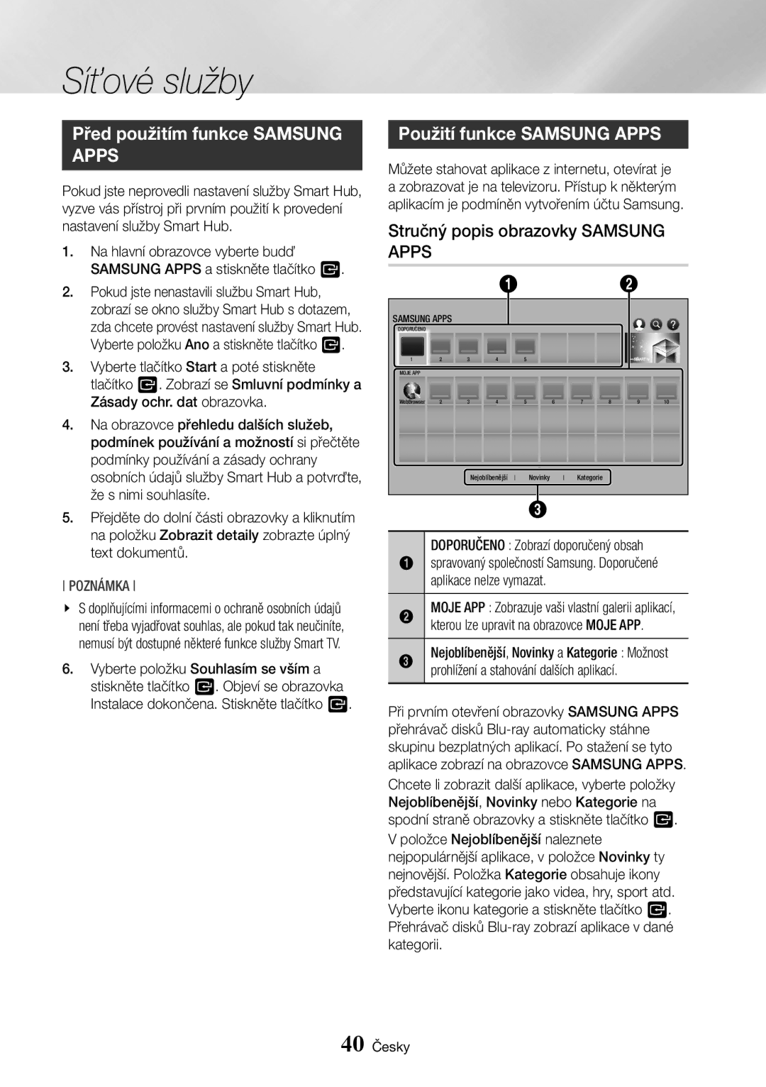 Samsung BD-J7500/EN Před použitím funkce Samsung Apps, Použití funkce Samsung Apps, Stručný popis obrazovky Samsung Apps 