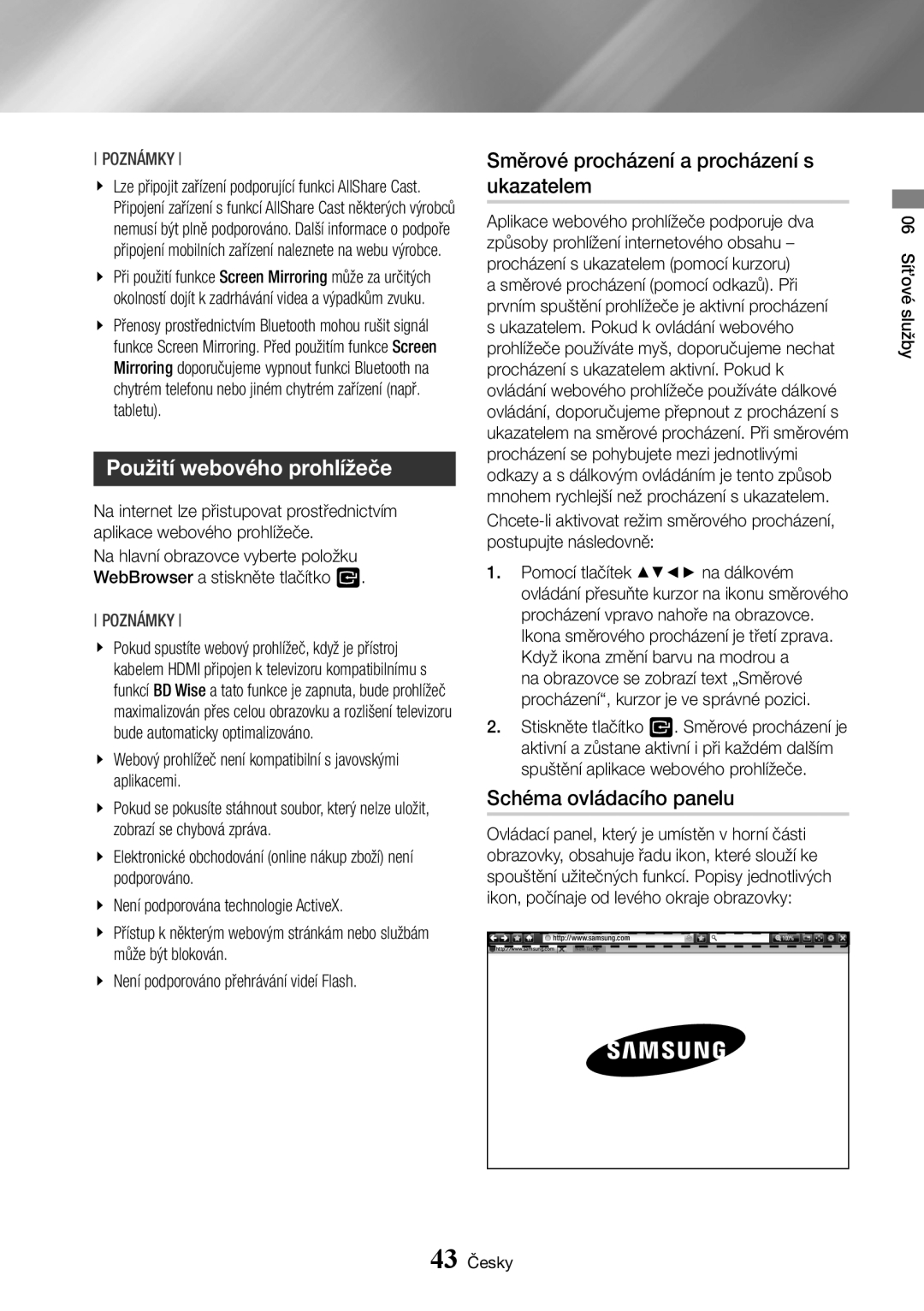 Samsung BD-J7500/EN Použití webového prohlížeče, Směrové procházení a procházení s ukazatelem, Schéma ovládacího panelu 