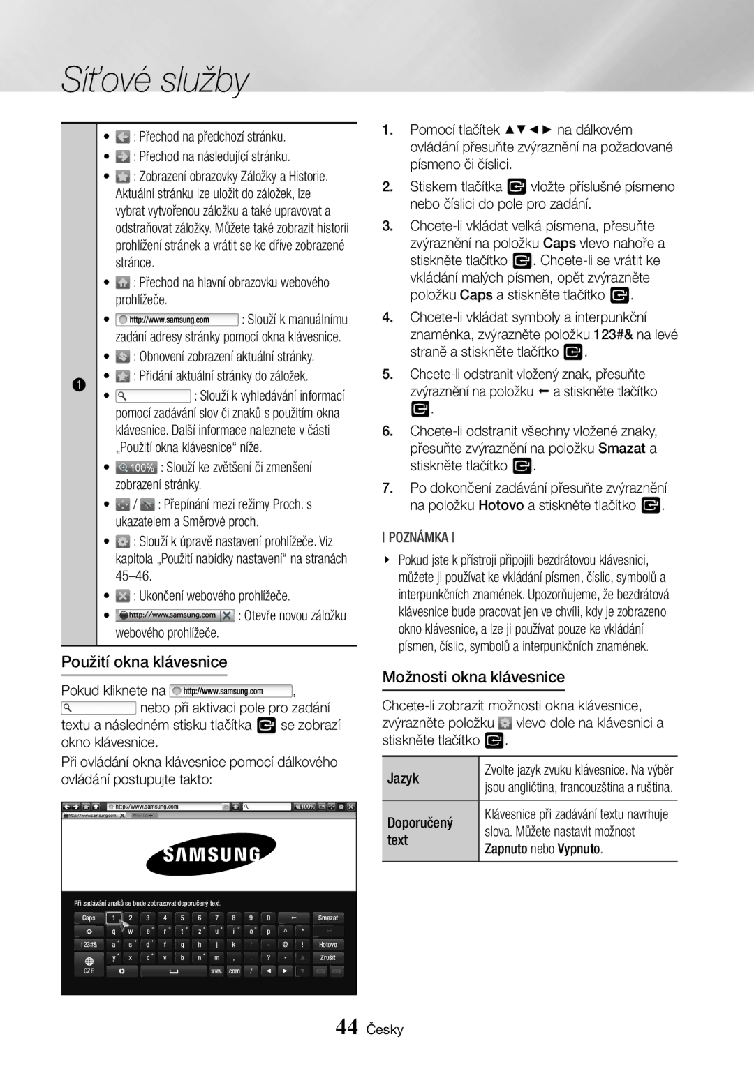 Samsung BD-J7500/EN manual Použití okna klávesnice, Možnosti okna klávesnice 