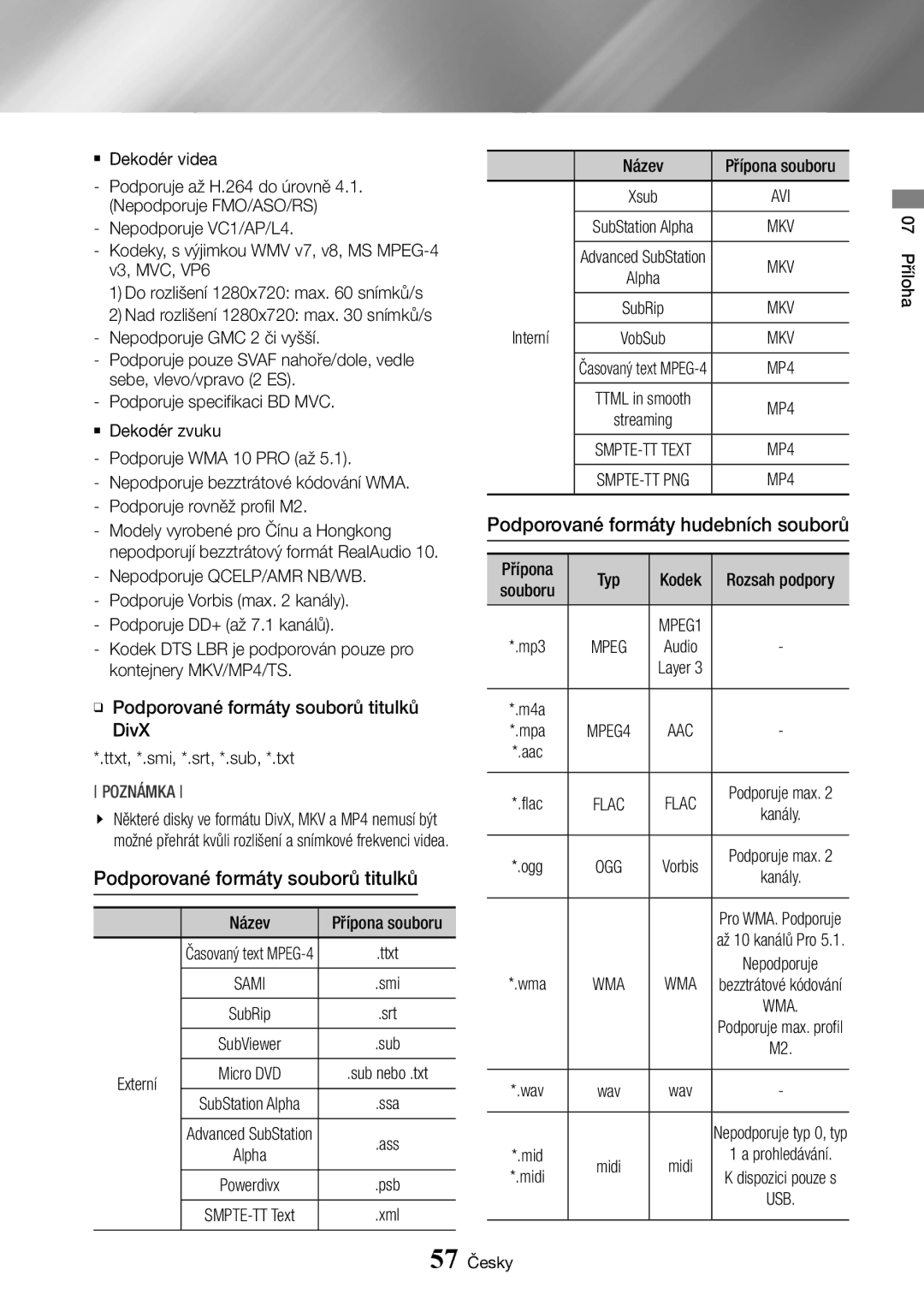 Samsung BD-J7500/EN Podporované formáty souborů titulků, Podporované formáty hudebních souborů, Externí, Interní, Souboru 