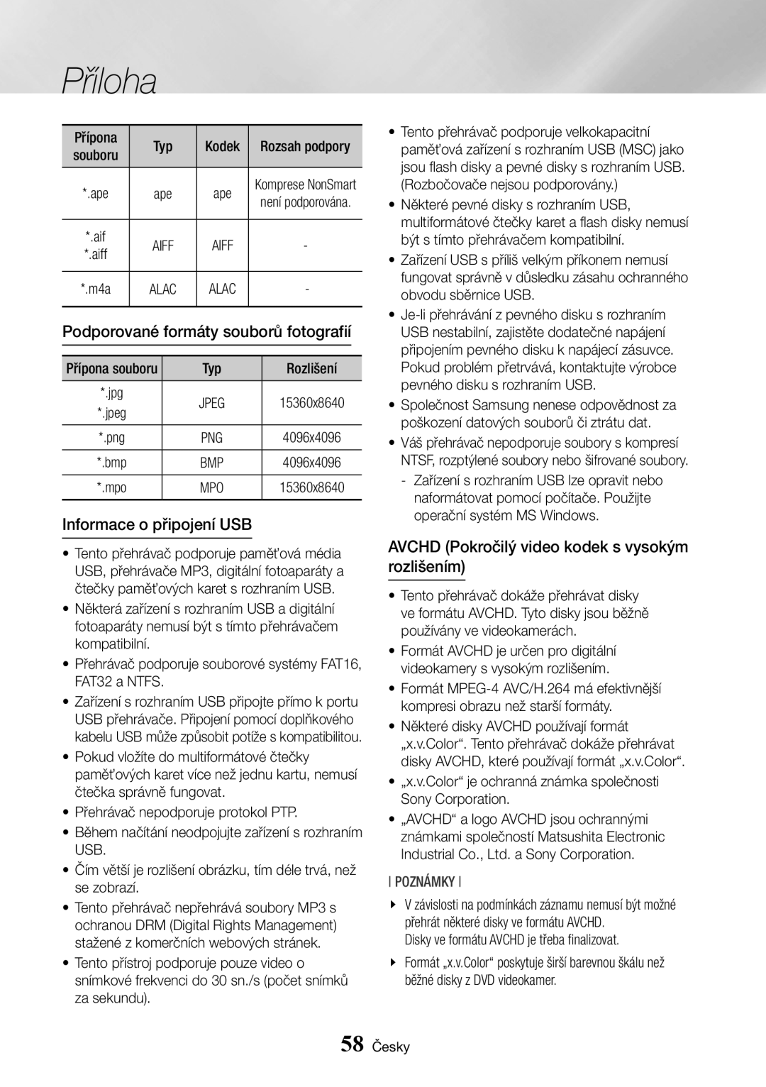 Samsung BD-J7500/EN manual Podporované formáty souborů fotografií, Informace o připojení USB 