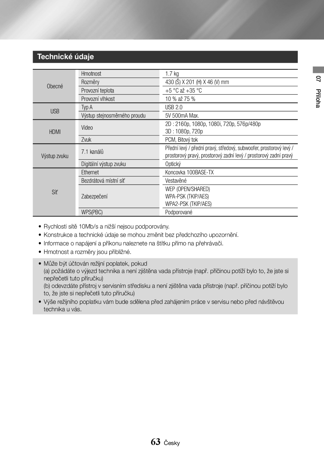 Samsung BD-J7500/EN manual Technické údaje, Wep Open/Shared, Wpa-Psk Tkip/Aes, WPA2-PSK TKIP/AES, Wpspbc 