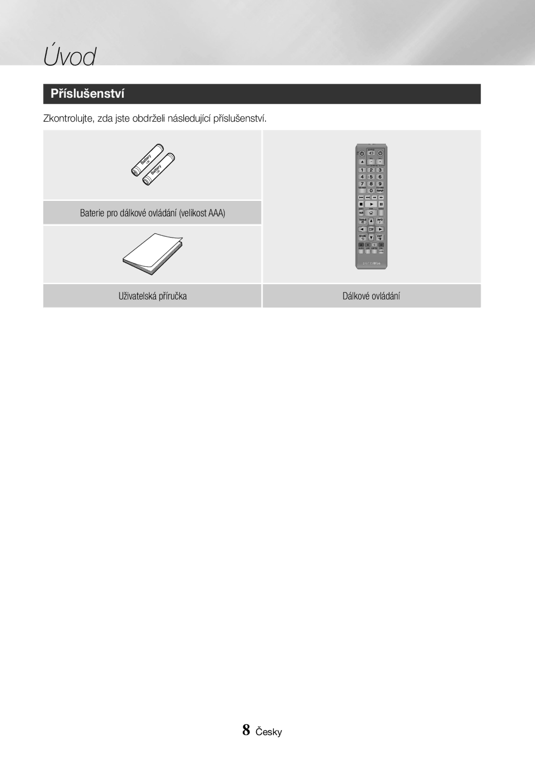 Samsung BD-J7500/EN manual Úvod, Příslušenství, Uživatelská příručka Dálkové ovládání 