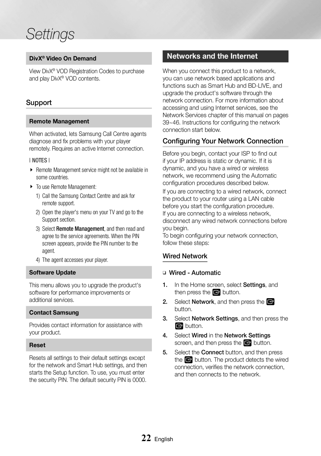 Samsung BD-J7500/EN manual Support, Networks and the Internet, Configuring Your Network Connection, Wired Network 