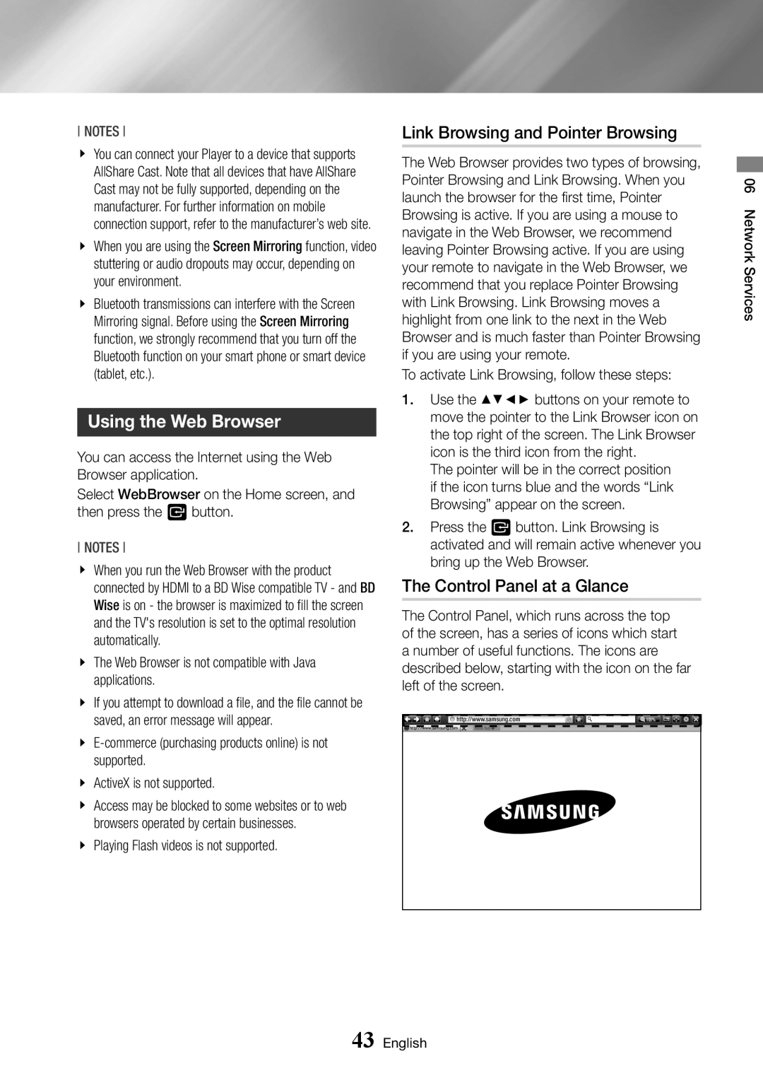 Samsung BD-J7500/EN manual Using the Web Browser, Link Browsing and Pointer Browsing, Control Panel at a Glance 